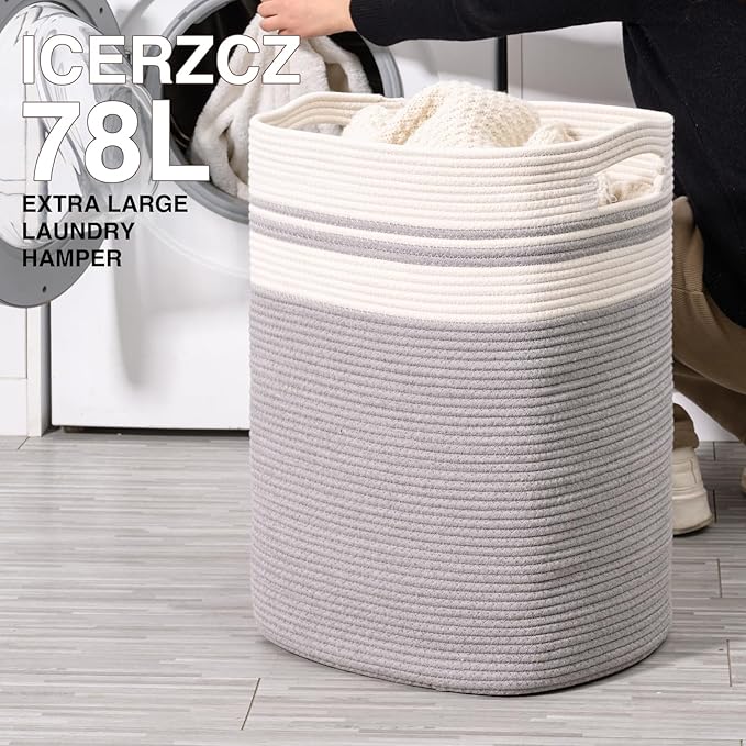 78L Laundry Hamper, Woven Rope Tall Laundry Basket with Handles, Decorative Blanket Basket for Bedroom, Bathroom, Collapsible Baskets for Toys, Clothes, 16”x14”x22”, White & Grey
