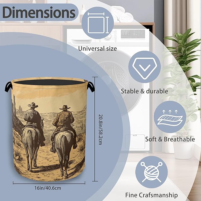 Western Cowboy Laundry Basket,Oxford Cloth Laundry Hamper with Handle Foldable Portable Clothes Storage Basket for Bathroom Bedroom Dorm Room 16" x 20.8"