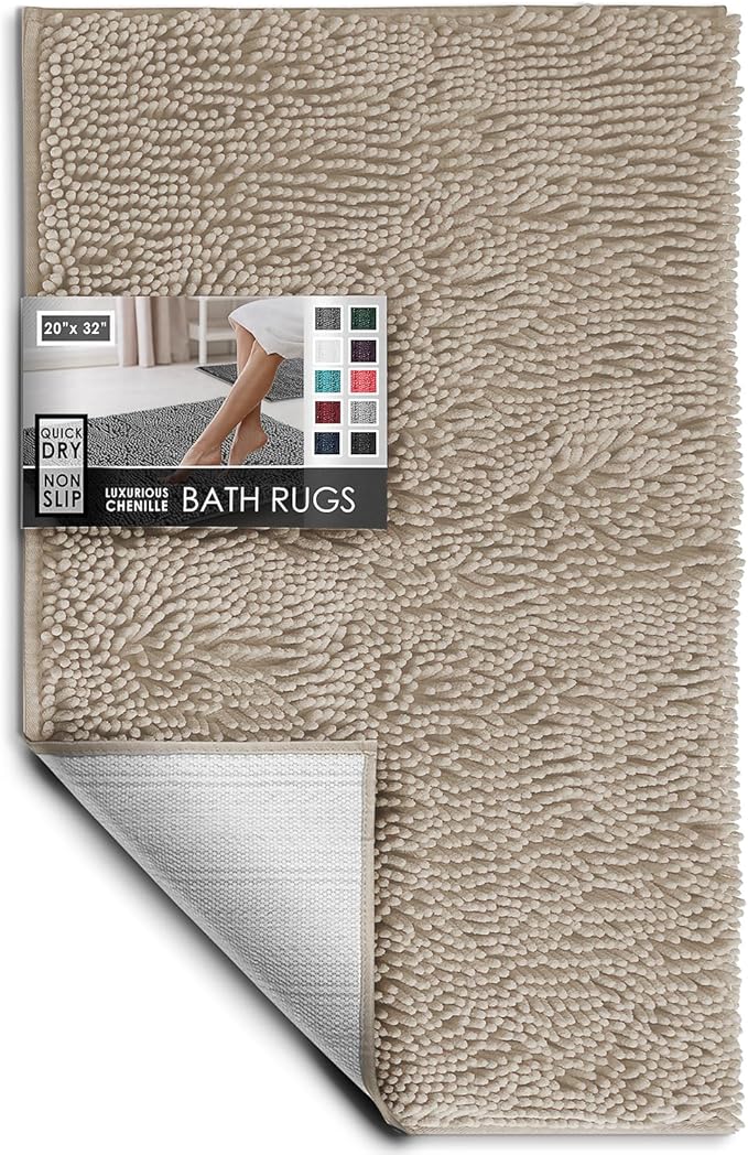 Hearth & Harbor Bathroom Rugs, Chenille Bath Mat - Machine Washable Bath Mats for Bathroom Non-Slip Backing Rubber, Quick Dry Bathroom Mat