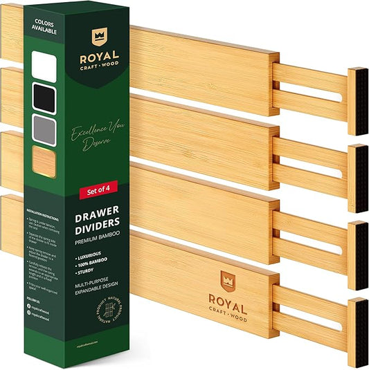 Bamboo Drawer Dividers Organizers, Adjustable Drawer Separator Splitters, 17–22 Inches Expandable Drawer Divider Organizer for Large Utensils, Kitchen, Bedroom, Dresser & Office Drawers 4-Pack