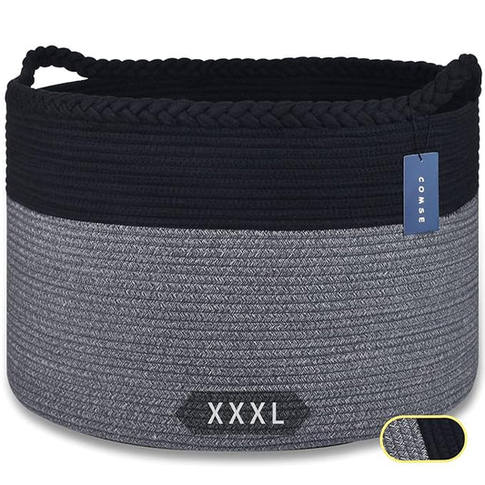 COMSE Extra Large Blanket Basket, Woven Laundry Basket, 21.7”x 13.8”, Nursery Hamper, Cotton Rope Laundry Hamper Living Room for Storage Toys Clothes Towels(Black & Gray)