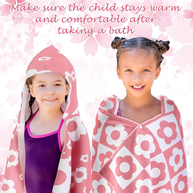 2 Pcs Kids Hooded Bath Towel 50" x 30" Kids Hooded Beach Bath Towels Pink Microfiber Toddlers Towels Pool Beach Towel Wrap for 3-12 Years Girls Toddlers Swimming Cover up 2 Design(Flowers)