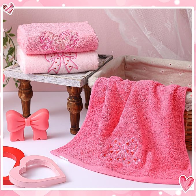 3 Pack Pink Bow Valentine's Day Hand Towels 13.4 x 29.2 Inch Cotton Embroidered Valentines Heart Bathroom Towel Absorbent Valentines Kitchen Decor for Hand Drying Cleaning Gift