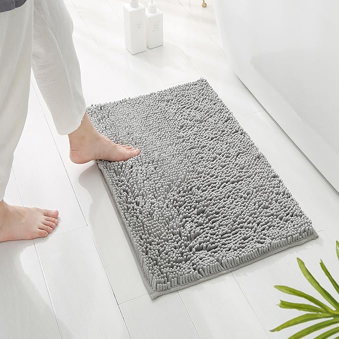 Grey Chenille Bathroom Rug 17"x24" Inch - Non Slip Absorbent Bath Mat for Shower, Quick Dry Machine Washable Floor Mats, Soft Plush