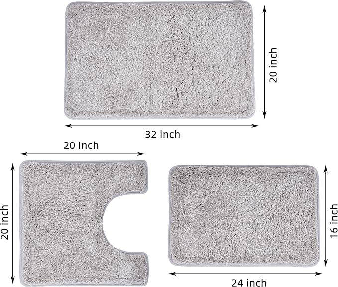 3 Pieces Luxury Bathroom Rug Set with U-Shaped Toilet Rug, Non-Slip Rubber Bottom, Thick Microfiber Fluffy Plush, Water absorption, Quick Dry, Ultra Soft, Bath Mats for Bathroom, Tub(Light Grey)