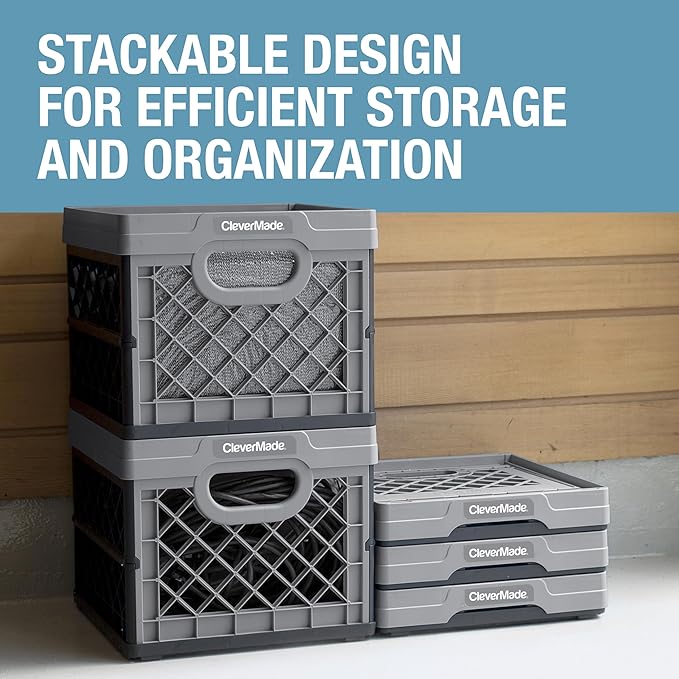 CleverMade Collapsible Milk Crate 25L (6.6 Gal) 3 Pack, 50 lb Heavy Duty Folding Crate – Stackable Storage Crates with File Rails, Plastic Collapsible Crates for Storage - Stone