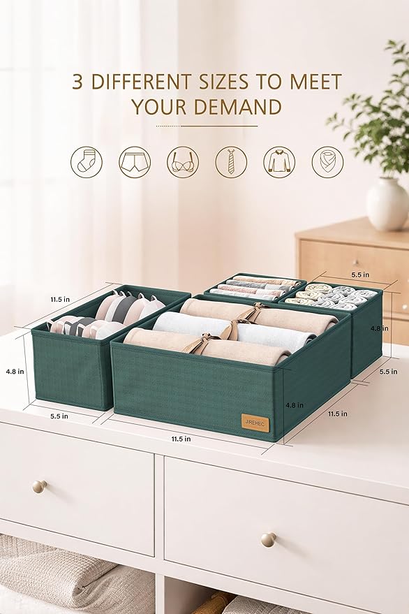 Clothes Drawer Organizer - Set of 6 Foldable Drawer Organizers bins for Dresser, Underwear, Socks & Baby Clothes Storage,Green