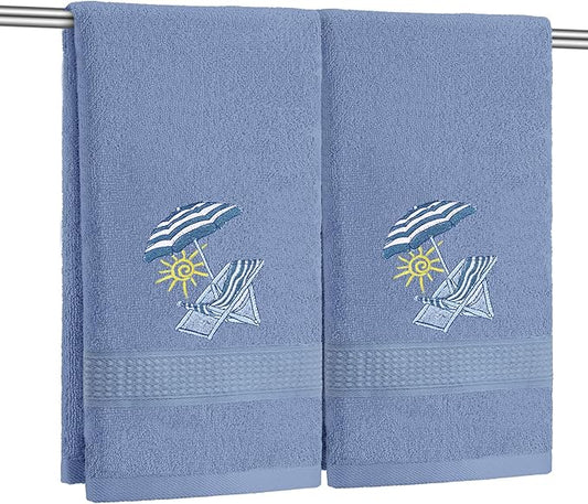2 Pcs Beach Chair Hand Towels Slate Blue Bathroom Decor 14x29 Inch Embroidered 100% Cotton Soft Absorbent Spring Summer Decorative Hand Towels for Bathroom Kitchen