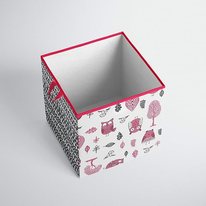 Bacati Owls Girls Cotton Storage Box Small, Pink/Grey