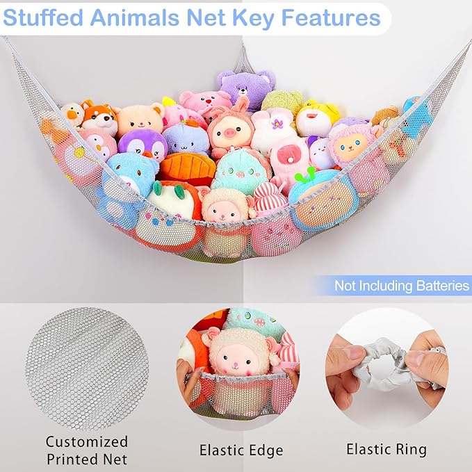 Basumee Stuffed Animals Net or Hammock with LED Light Hanging Toy Net Hammock for Stuffed Animals Storage Stuff Animals Hammocks for Nursery Room with Remote Control, 8 Kinds of Lights(Pack of 1)