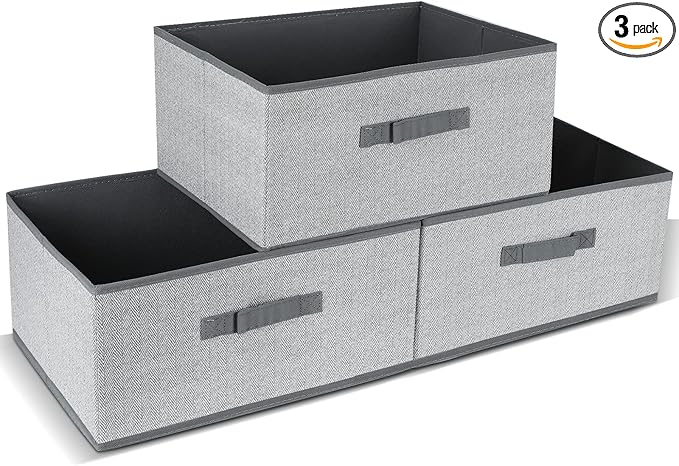 DAYARD Fabric Bins [3-Pack], Foldable Cube Baskets Storage Boxes for Shelves, Closet, Bookshelf, Nursery Organizer Containers, 16 x 11 x 8 inch Grey…