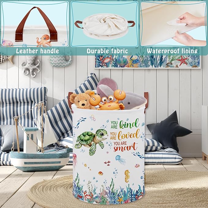Turtle Kid Laundry Basket 45L,Ocean Themed Bedroom Decor Baby Clothes Hamper,Fish Under The Sea Nursery Decor Beach Pool Towel Storage Bin Pool Toy Box (Blue)