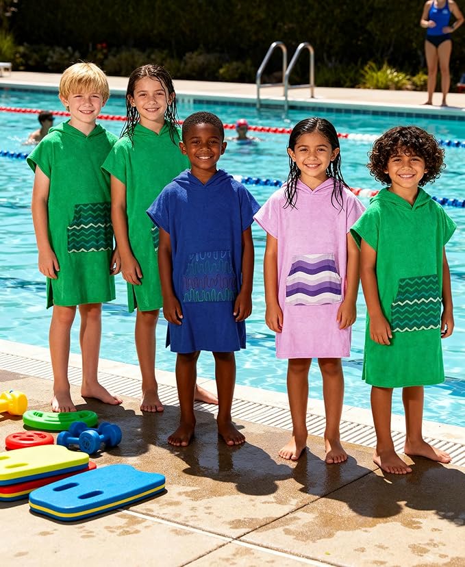 MissShorthair Towel Poncho for Kids, Hooded Beach Towel for Girl&Boy, Surf Poncho Swim Changing Robe Microfiber Bath Towel 3-6 Years Green