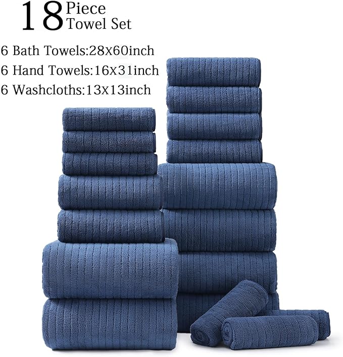 Hailea 18 Piece Family Bath Towel Set Include 6 Bath Towels,6 Hand Towels and 6 Washcloths Soft Bathroom Towel with Hanging Loops,Highly Absorbent Quick Dry Towels Set for Bathroom,Hotel and Spa-Navy