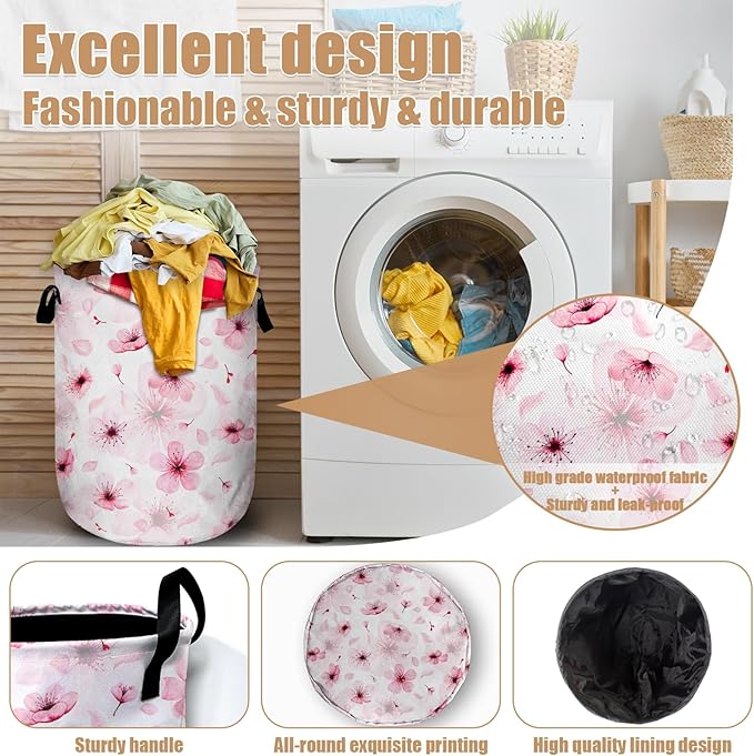 Watercolor Cherry Blossom Laundry Basket, Foldable Pink Flower Laundry Hamper Tote Bag Dirty Clothes Storage Bucket Toy Organizer for Bathroom/Laundry/Bedroom 15.7"x19.6"
