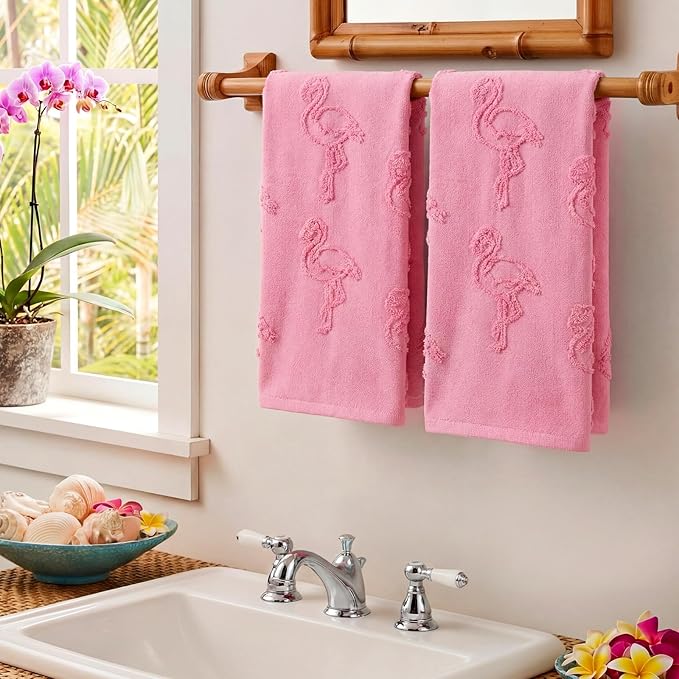 2 Pcs Flamingo Hand Towels for Bathroom 100% Cotton Jacquard Weave Hand Towels Pink Soft Absorbent Dish Washcloth for Bathroom Kitchen Tropical Summer Theme Gifts, 29.5 x 13.8 Inch