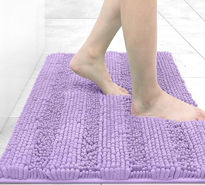 Grandaily Chenille Striped Bathroom Rugs 24x16, Extra Thick and Absorbent Bath Mats, Non-Slip Soft Plush Shaggy Shower Carpet, Machine Wash Dry, Bath Rug for Bathroom, (Small, Purple)