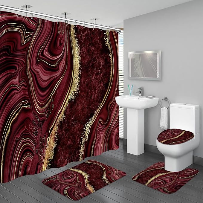 4PCS Burgundy Red Marble Shower Curtain Sets with Rugs, Abstract Bathroom Sets with Shower Curtain and Rugs, Gold Bathroom Curtains Shower Set with Toilet Lid Cover Accessories