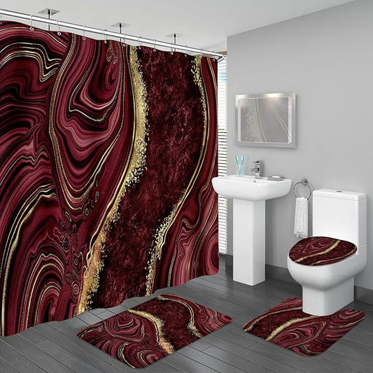 4PCS Burgundy Red Marble Shower Curtain Sets with Rugs, Abstract Bathroom Sets with Shower Curtain and Rugs, Gold Bathroom Curtains Shower Set with Toilet Lid Cover Accessories