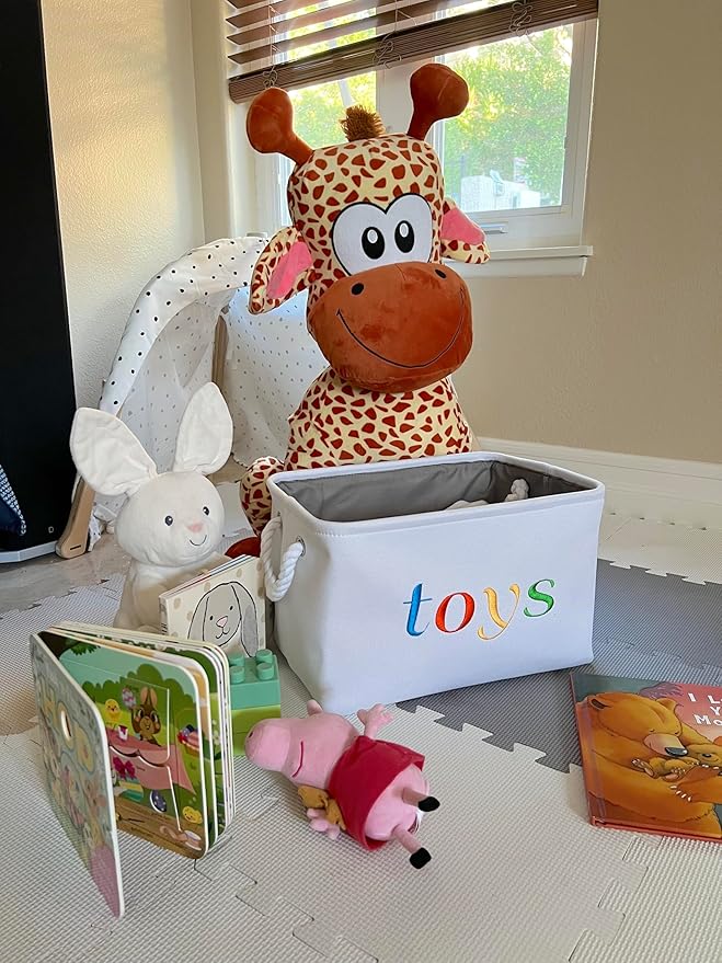 APPLE PIE ORDER Nursery basket, Storage & organizer Bin for Baby, Diapers, Wipes, Books, Toys. White Canvas fabric Decorative Box with Embroidering. (Toys - colorful, Medium)