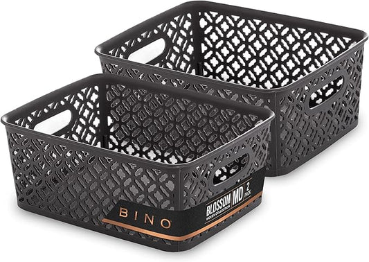 BINO l Plastic Storage Baskets, Medium - Grey | THE BLOSSOM COLLECTION l Multi-Use Organizer Bin l Built-in Handles l Plastic Woven Basket for Organizing l Pantry & Home Organizing Basket