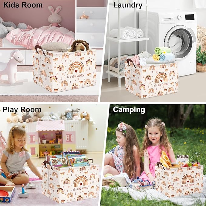 Clastyle Boho Rainbow Toy Basket Rectangle Butterfly Flower Pink Girl Basket Kid Room Decor Clothes Nursery Hamper Baby Gift Book Shelf Basket