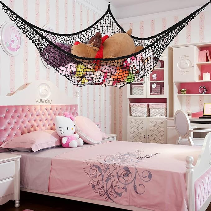 Stuffed Animal Hammock, Toy Hammock Storage Net, LXUNYI Mesh Toy Net Holder Jumbo Wall Corner Giant Baby Kids Children Stuff animals Hammocks Net Organizer for Bedroom (Black, 84 inch)