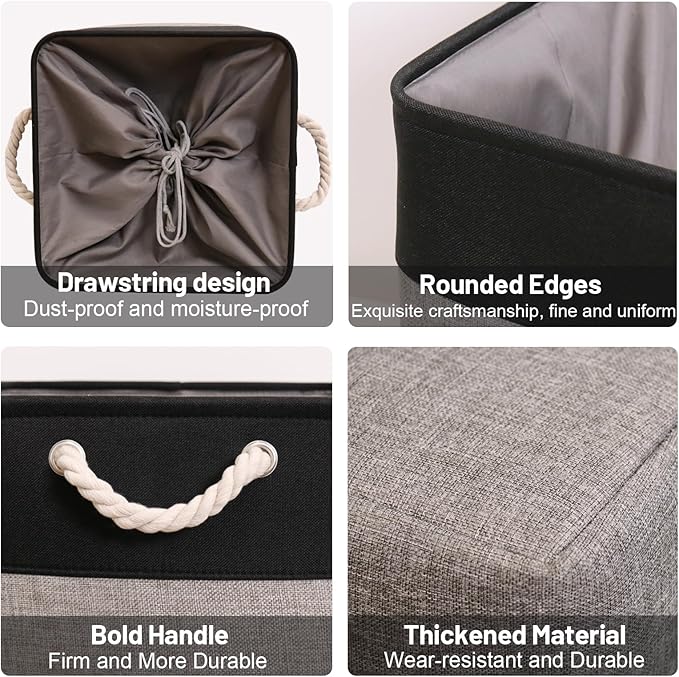 HOdo Home Fabric Storage Bin with Drawstring Closure and 2 Bold Handles, Collapsible Large Canvas Storage Baskets for Organizing Shelf Nursery Home Closet (Grey&Black, 13L×13W×13H - 3Pack)