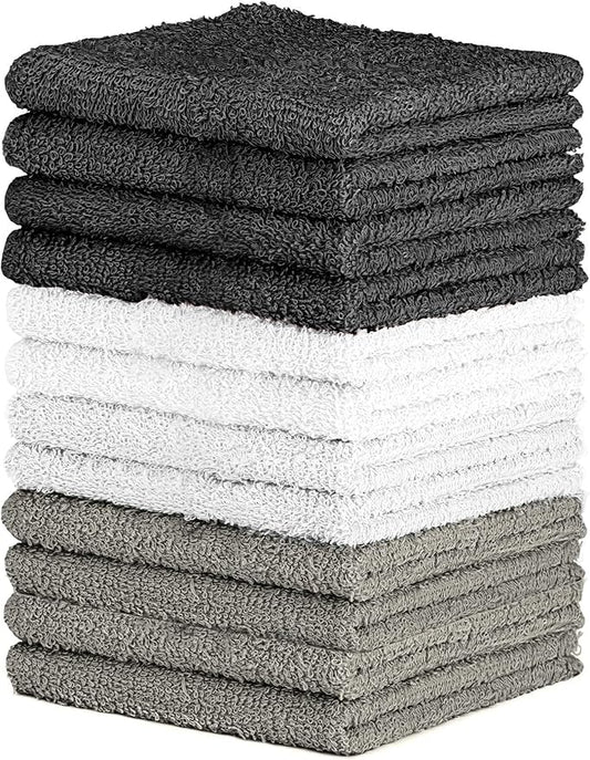 100% Cotton Washcloth Set – Soft, Absorbent Face Towels for Bathroom & Gym Use –Reusable, Durable & Machine Washable - Dark Grey, White & Light Grey, 12x12 Inches, Pack of 12