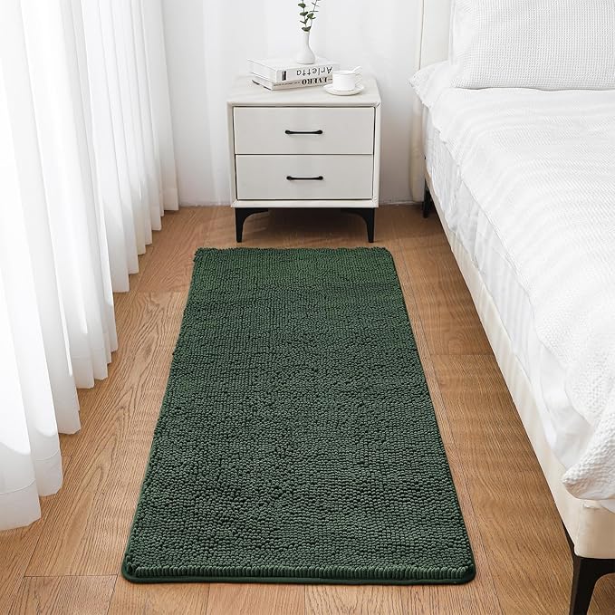 Hunter Green Bathroom Rugs 24"x60" - Long Plush Chenille Non-Slip Runner Bath Mat - Absorbent, Washable, Soft Decor for Shower, Sink, Tub, Floor, Home Accessories
