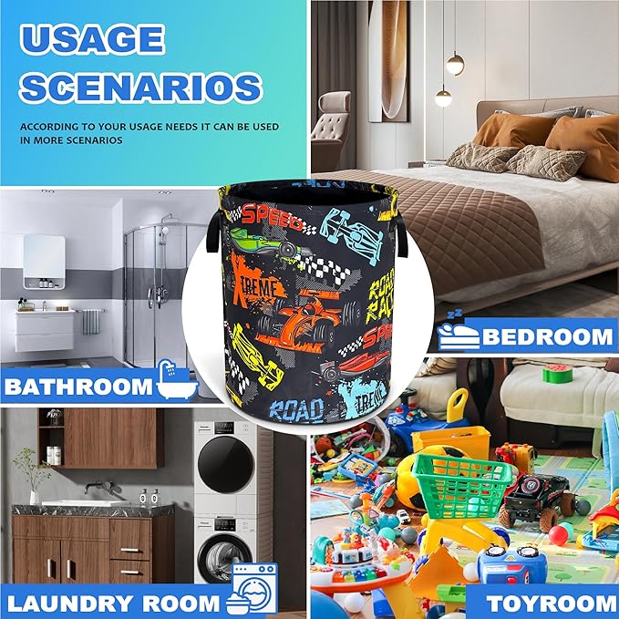 Racing Laundry Basket Oxford Cloth Funny Race Car Laundry Hamper With Handle Foldable Portable Clothes Storage Basket 18.9 X 16.5 In Storage Bag For Laundry Room/Bathroom/Bedroom/Dormitories