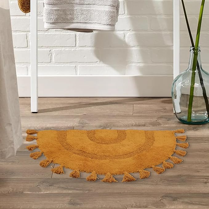 Half Circle Boho Bathroom Rugs with Tassels 100% Cotton Hand-Woven Bath Mat Non Slip Absorbent Bath Rugs with Rug Pad Washable Boho Bath Mat Carpet for Tub, Shower 20"x32",Mustard