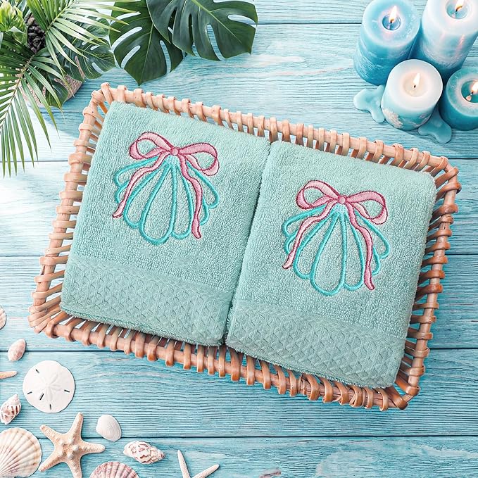 2 Pcs Shell Hand Towels Mint Blue Bathroom Decor 14x29 Inch Embroidered 100% Cotton Soft Absorbent Beach Summer Decorative Hand Towels for Bathroom Kitchen