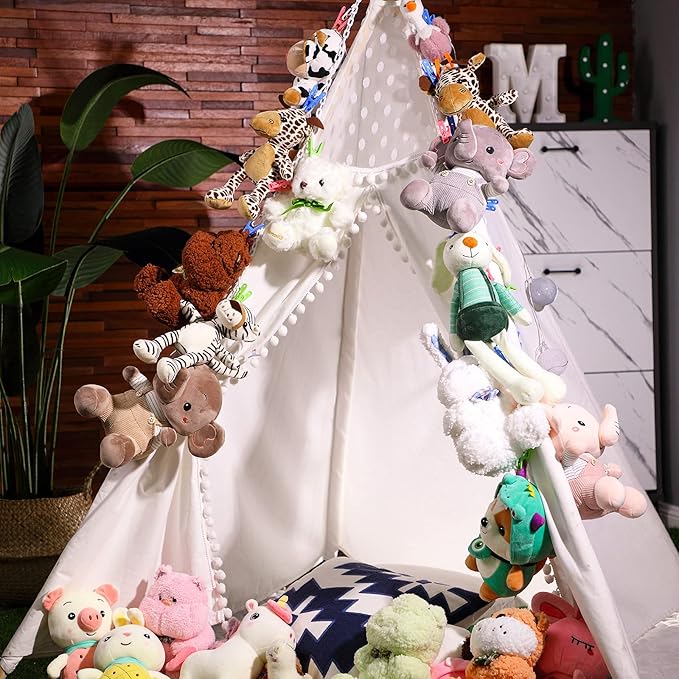 Hotop 2 Pcs Stuffed Animals Storage Chain Hanging Stuffed Animal Organizer with 40 Plastic Clips 79 Inch with Hooks for Wall Bedroom Hanging Hat Socks Holiday Card(Multicolored Clip)
