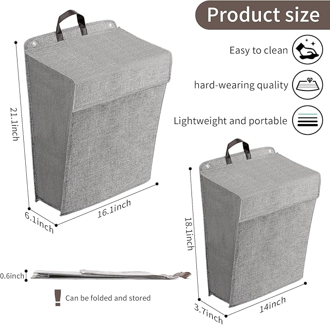 Wall Hanging Laundry Basket, Collapsible Laundry Hamper with Handle & Laundry Balls,Space-Saving Foldable Storage Dirty Washer Organizer Bin Multi-function Container Durable, Set of 2 (Grey)