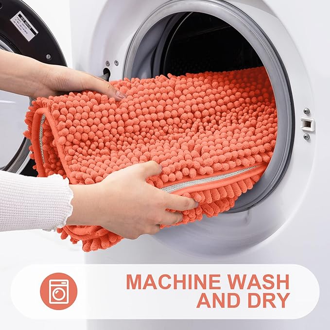 Grandaily Chenille Striped Bathroom Rugs 30x20, Extra Thick and Absorbent Bath Mats, Non-Slip Soft Plush Shaggy Shower Carpet, Machine Wash Dry, Bath Rug for Bathroom, (Medium, Coral Orange)