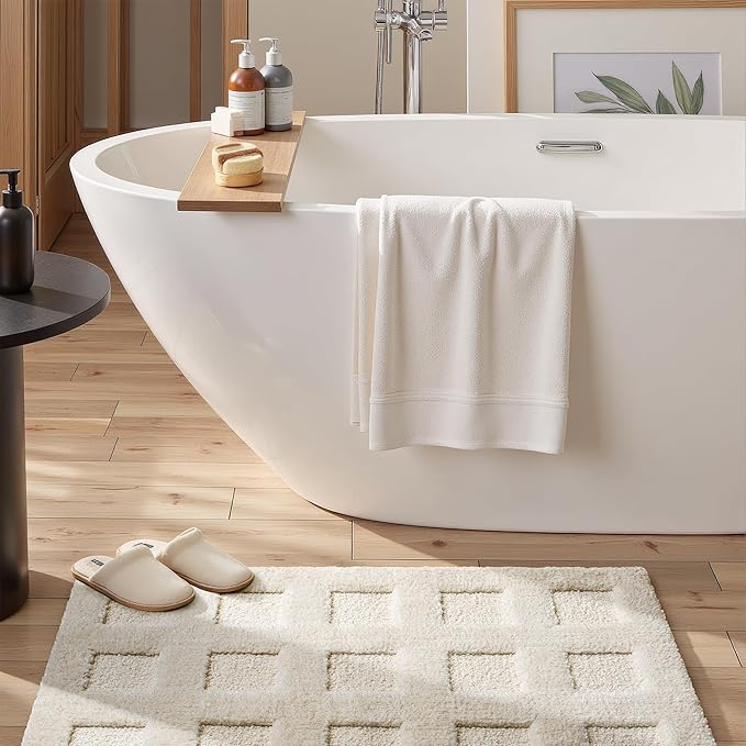 GRANNY SAYS Bathroom Rugs Non Slip Washable, Extra Soft & Water Absorbent Bath Mats for Bathroom, Plush Shaggy Bath Carpet, White Waffle Bath Mat Quick Dry for Tub & Shower 16" x 24"