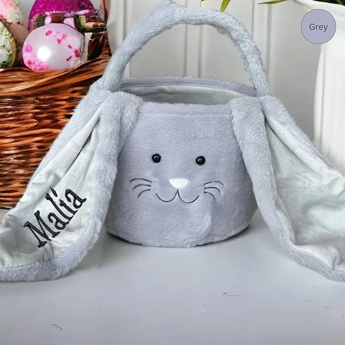 Personalized Easter bunny basket, Plush Embroidered Easter basket, Bunny Basket with Name,Easter egg hunt basket,Custom Easter Bucket (Grey)