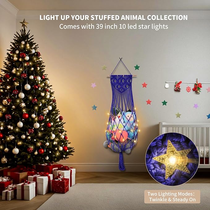 Stuffed Animal Hammock w/LED Star Light, 63 Inch Jumbo Toy Hammock Wall Hanging Plushie Net Holder for Boho Nursery Teddy Decor, Navy Blue Stuffed Animal Storage Organizer for Kid Girls Boys Gift