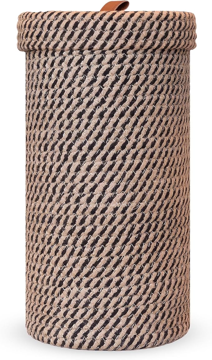 Handmade Cotton & Jute Toilet Paper Holder – Woven Toilet Paper Stand & Storage Basket with Lid, Freestanding Organizer for Bathroom, Fits 3 Mega Rolls 14" x 7''