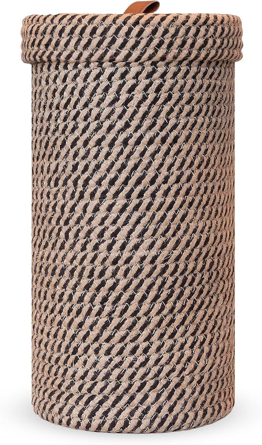 Handmade Cotton & Jute Toilet Paper Holder – Woven Toilet Paper Stand & Storage Basket with Lid, Freestanding Organizer for Bathroom, Fits 3 Mega Rolls 14" x 7''