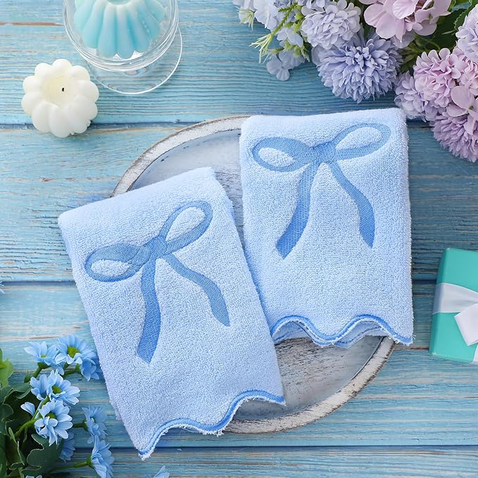2 Pcs Blue Scalloped Hand Towels for Bathroom 26 x 13 Embroidery Coquette Bow Hand Towels 100% Cotton Soft Absorbent Boho Bath Decor for Kitchen Bathroom