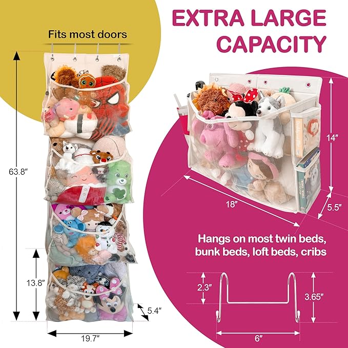 Stuffed Animal Storage | 2 in 1 Bedside and Over the Door Stuffed Animal Organizer | Space-saving Stuffy Holder with Extra Pockets | Kids Toys Hanging Plushie Holder with Reinforced Sides | Bed caddy