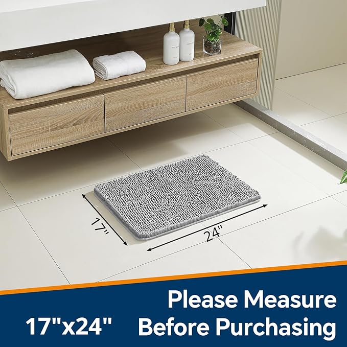 Gray Bathroom Rugs 17"x24" - Plush Chenille Non-Slip Bath Mat - Absorbent, Washable, Soft and Thick Decor for Shower, Sink, Kitchen, Tub, Home Accessories