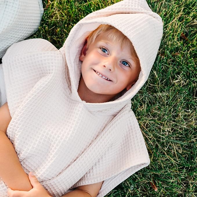 Jade&Kai Hooded Towel for Kids | Snaps into a Poncho | Organic Cotton Waffle | Lightweight and Absorbent | Bath, Beach, and Pool | Multiple Colors | (Large (6-10 Yrs), Cloud)