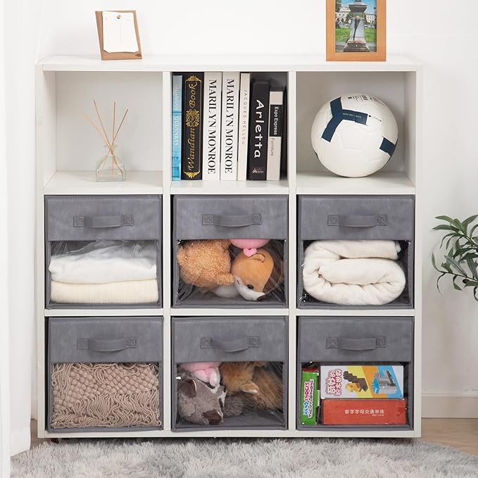 13x13 Large Storage Bins with Clear Window, Set of 6 Storage Cubes, Collapsible Cube Storage Bins, Fabric Closet Organizers with Handles for Home, Office, Closet Shelf Cabinet, Bookcase, Grey