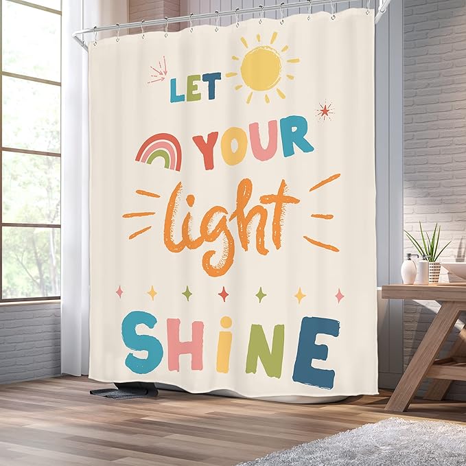 Homewelle Kids Quotes Shower Curtain Set Inspirational Cartoon Colorful Let You Light Shine Classical 60Wx72H Inch English Letter Sun Simple for Child Waterproof Polyester Fabric Bathroom Bathtub