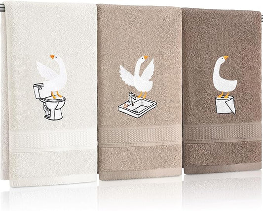 3 Pcs Silly Goose Hand Towels Decorative Silly Goose Bathroom Decor Geese Gifts Brown Farmhouse 100% Cotton Embroidered Towels for Bathroom Kitchen Decor, 13.3 x 29.5''