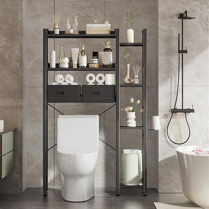 Housolution Over The Toilet Storage with 2 Drawers, 7 Tier Over Toilet Bathroom Organizer with Height Adjustable Shelves and Hooks, Space Saver Above Toilet for Bathroom/Restroom/Laundry, Black