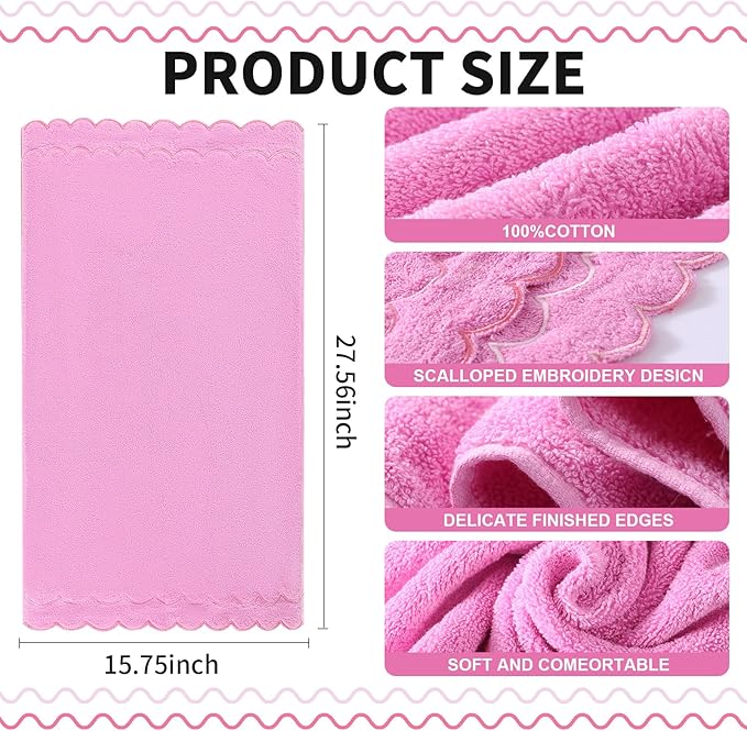 2 Pcs 100% Cotton Bath Towels for Bathroom 16 * 27 Inch Scalloped Bath Towels Embroidered Decorative 600 GSM Soft Absorbent Bath Towel for Bathroom Hotel Spa Sport Yoga (Prue Pink)